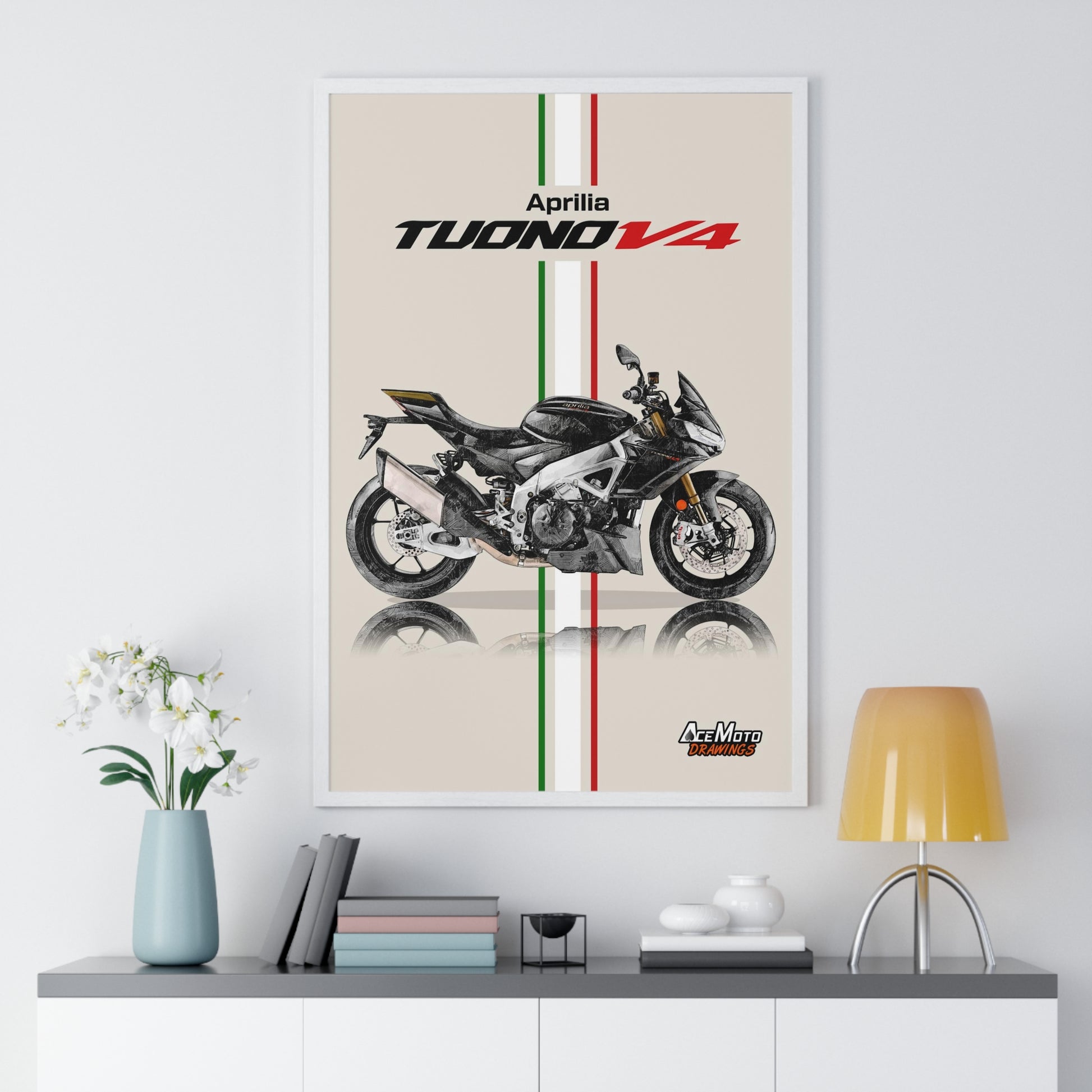 Aprilia Tuono V4 Drawing Poster White Frame ( angle 2 ) 