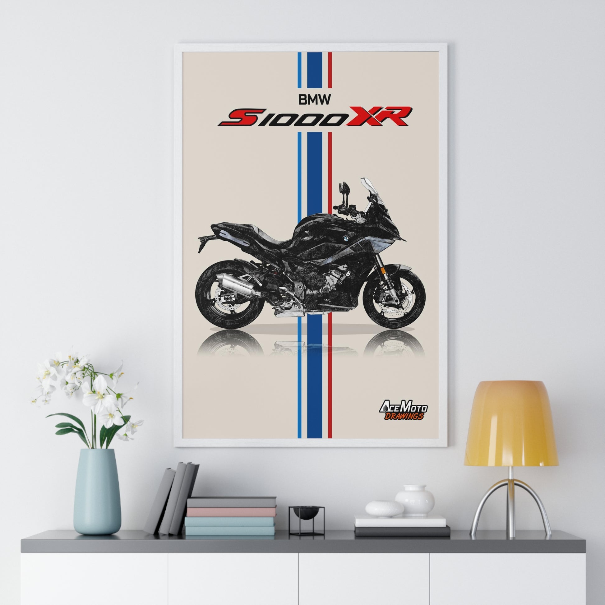 BMW S1000XR Drawing Poster 2022 with White Frame angle 1 